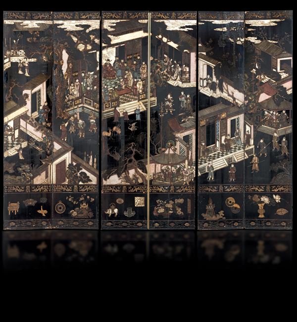 Paravento a sei ante raffigurante scena di corte e soggetti naturalistici, Koromandel, Cina, Dinastia Qing, XIX secolo