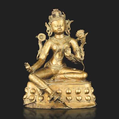 Importante Figura di Tara Seduta su Doppio Fiore di Loto in Bronzo con Tracce di Policromia, Tibe...