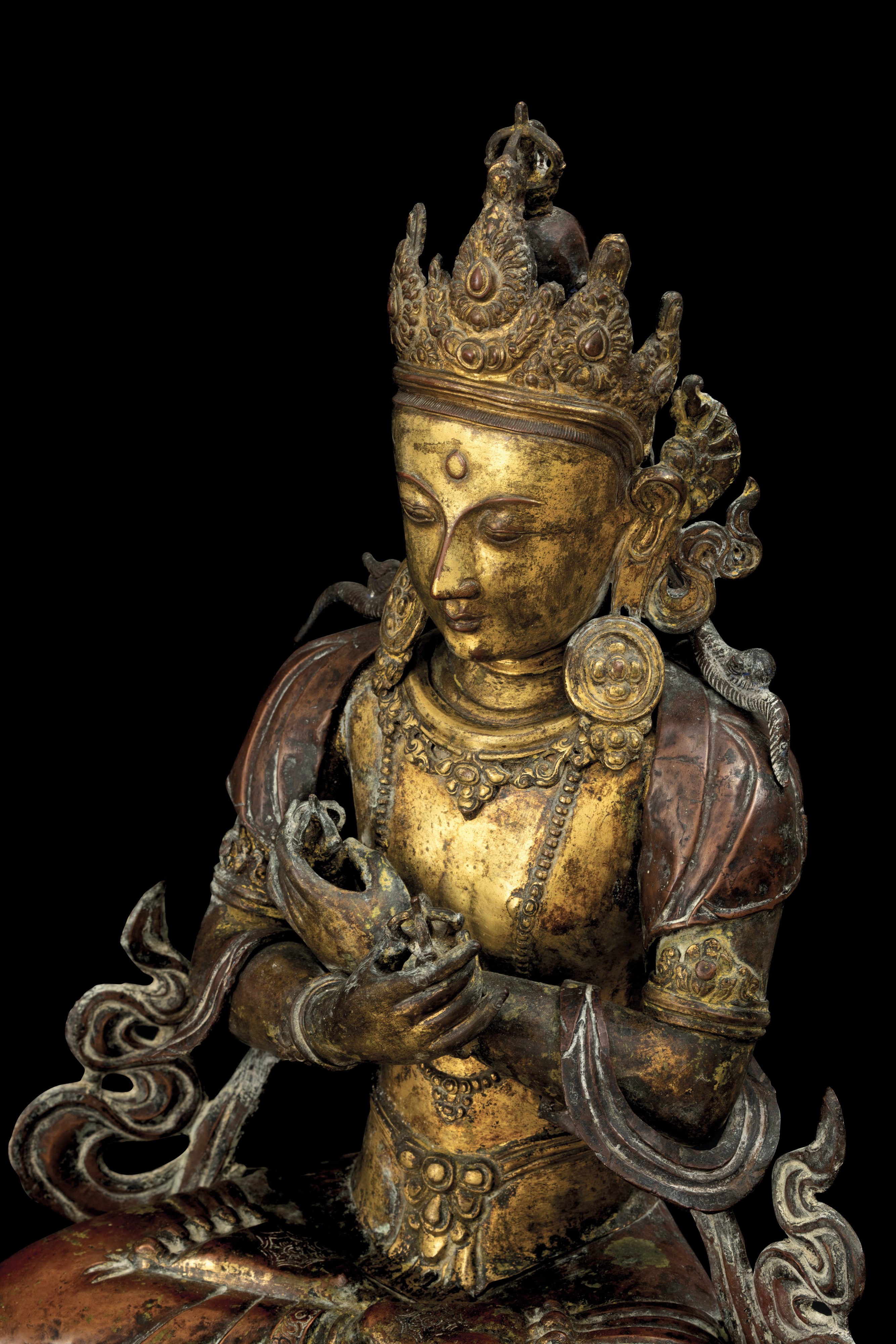 Importante Figura di Vajrdara Seduta su Doppio Fior di Loto in Rame Repoussé e Bronzo Parzialment...