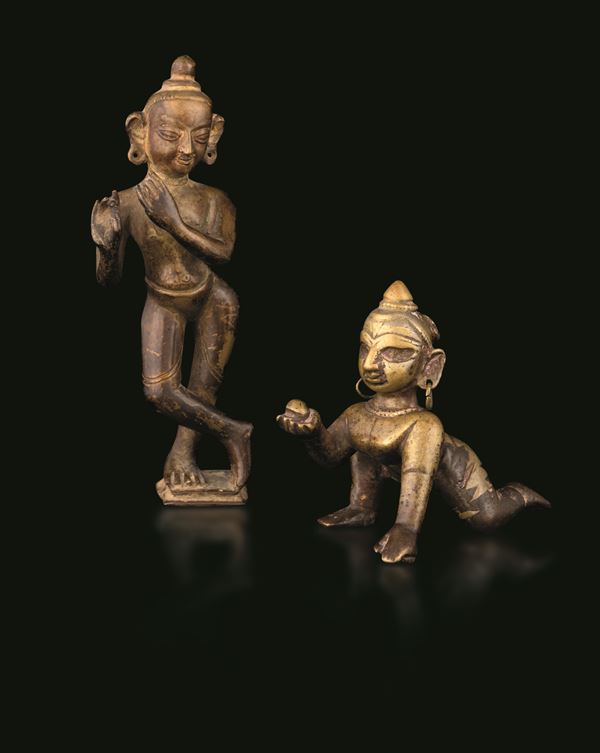 Figure di musico e donna in bronzo, India, XIX secolo