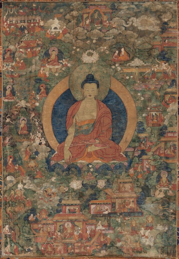 Thangka in seta con figura di Buddha Sakyamuni e altre divinità, Tibet, XVIII secolo