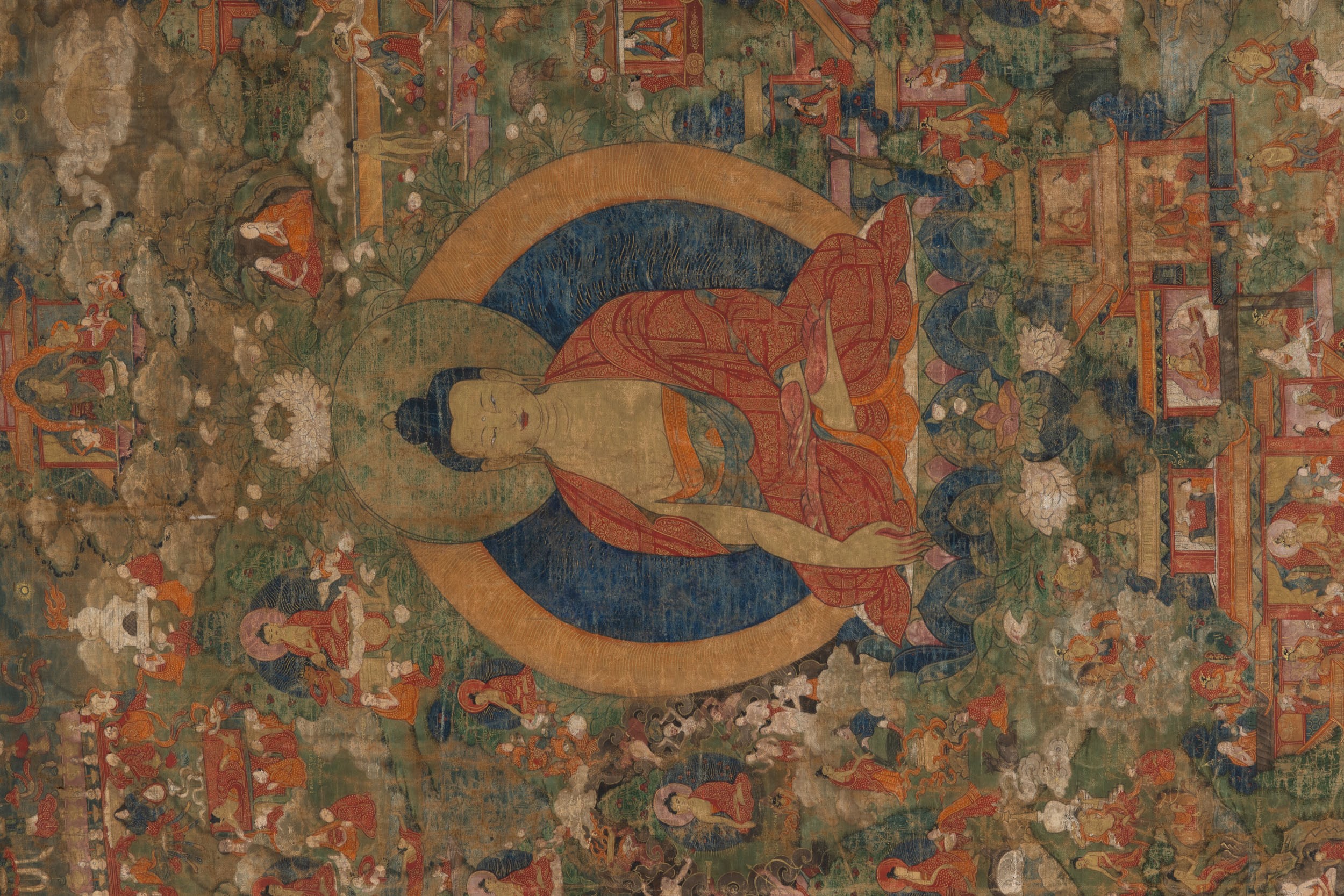 Thangka in Seta con Figura di Buddha Sakyamuni e Altre Divinità, Tibet, XVIII Secolo