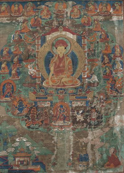 Thangka in Seta con Figura di Lama Centrale e Altre Divinità, Tibet, XVIII Secolo
