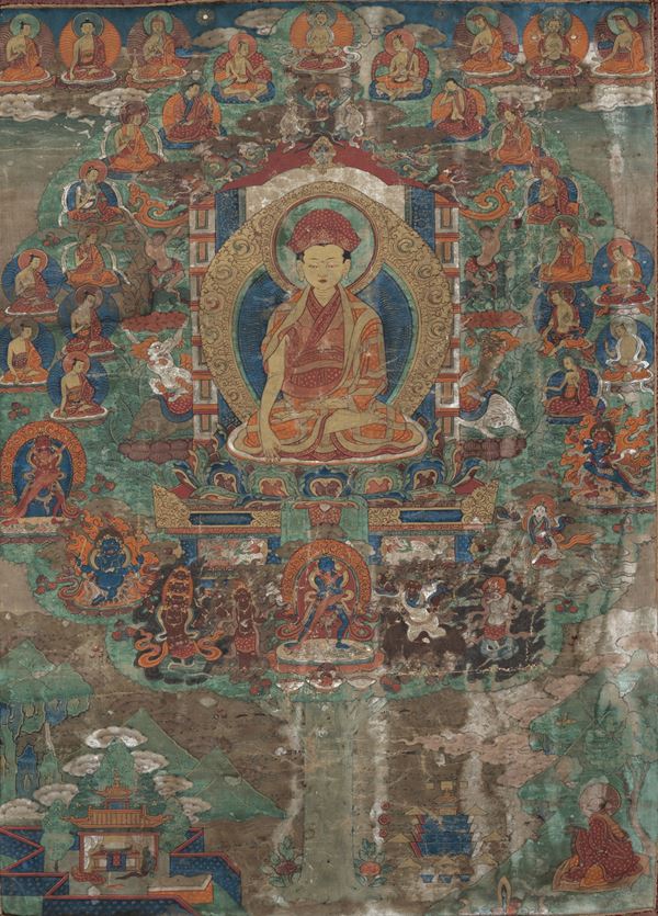 Thangka in seta con figura di Lama centrale e altre divinità, Tibet, XVIII secolo