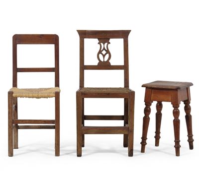 Due Sedie e un Panchetto in Legno. XIX Secolo