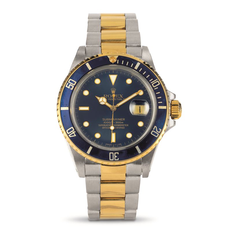 Rolex : Oyster Perpetual Date Submariner, ref 16803 acciaio e oro giallo 18k, quadrante blu movimento automatico  - Asta Orologi da Polso - Cambi Casa d'Aste