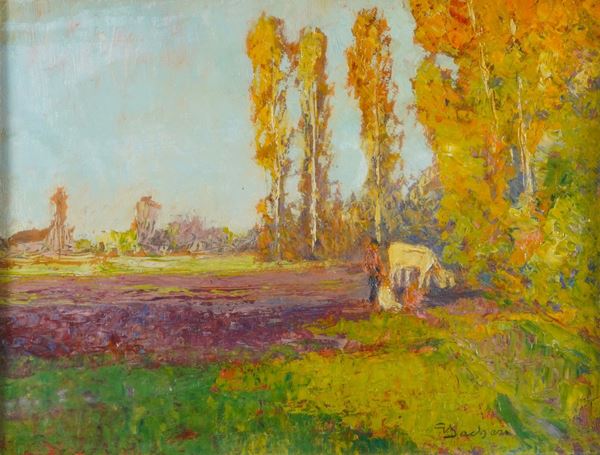 Giuseppe Sacheri - Paesaggio con contadino e mucca