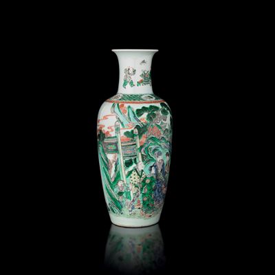 Vaso in Porcellana Famiglia Verde con Paesaggio e Personaggi, Cina, XIX Secolo
