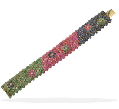 Bracciale in oro giallo 750/1000 con zaffiri, rubini, smeraldi e diamanti
