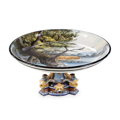 Giuseppe Benassai (f. a Doccia), Coppa con veduta naturalistica in maiolica, 1871