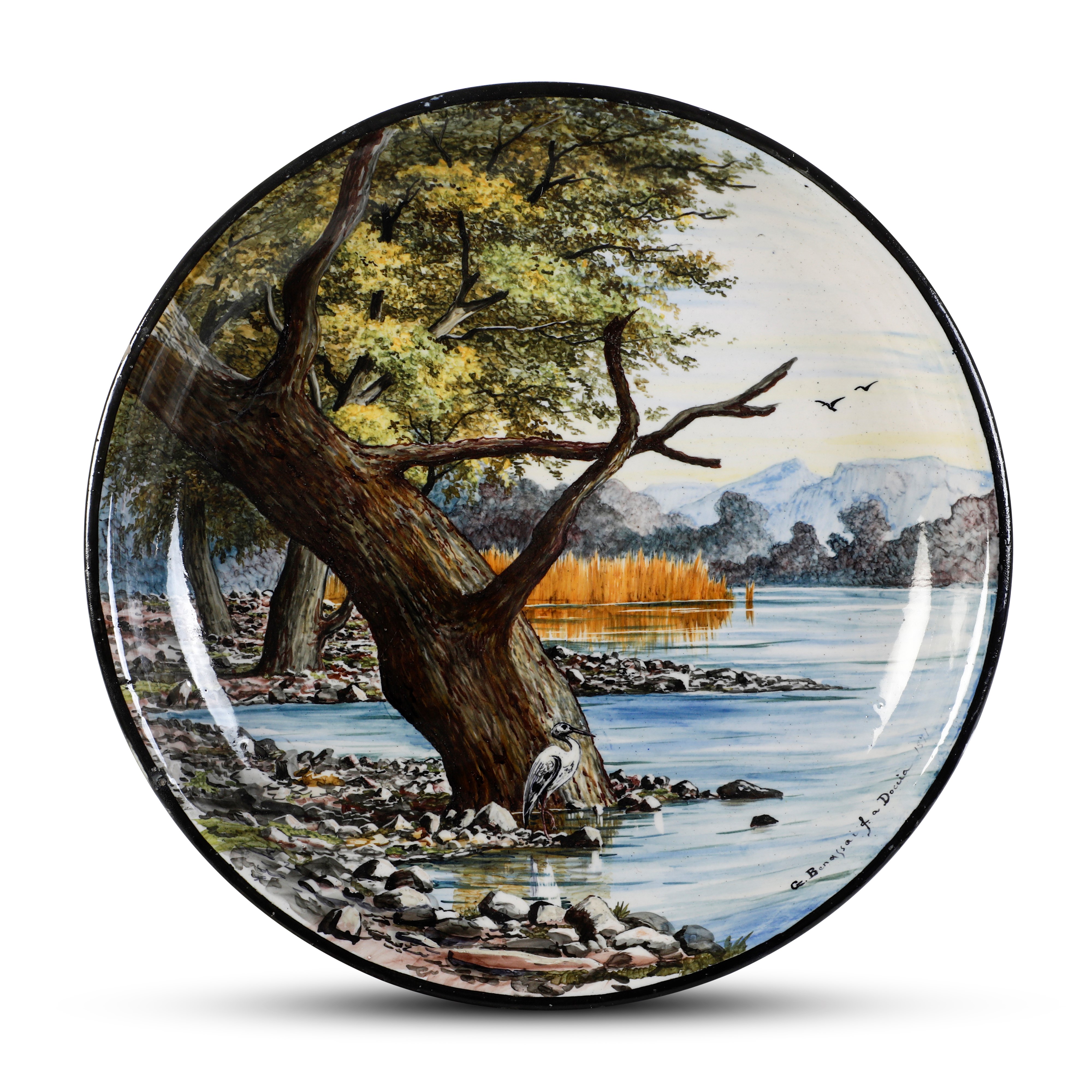 Giuseppe Benassai (f. a Doccia), Coppa con veduta naturalistica in maiolica, 1871