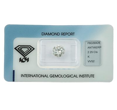 IGI Antwerp, Diamante taglio rotondo a brillante (ct 2,25) con caratteristiche K, VVS2 e lieve fl...