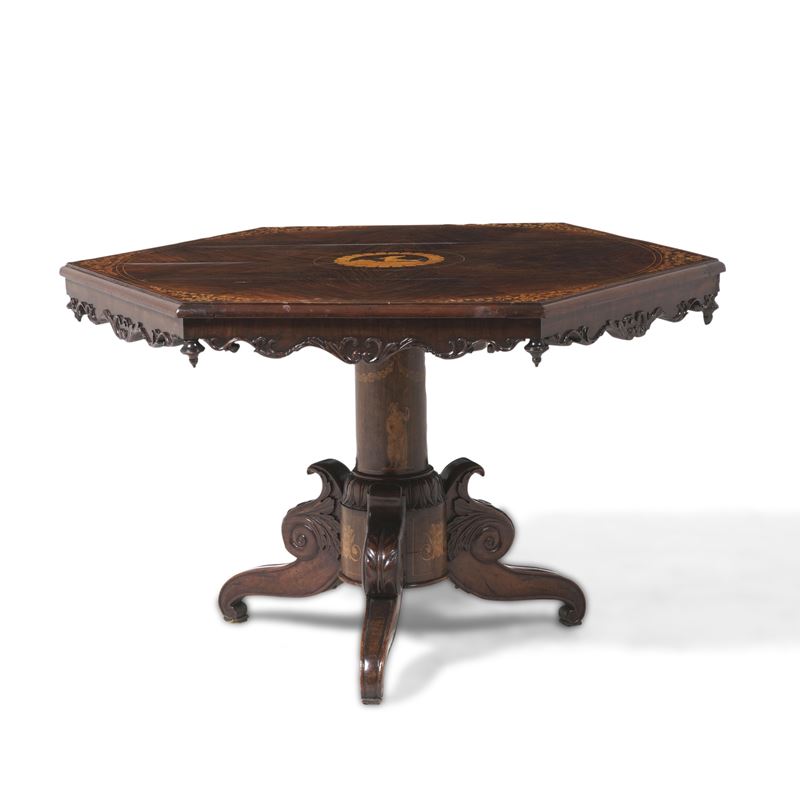 Tavolo a vela Carlo X lastronato ed intarsiato, Genova XIX secolo  - Asta Antiquariato - Cambi Casa d'Aste