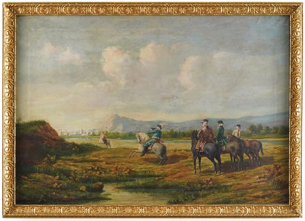 Pittore del XIX secolo Scena di caccia con cavalieri