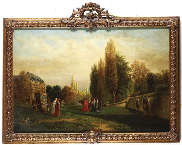 Pittore del XIX secolo Paesaggio con personaggi e cardinale