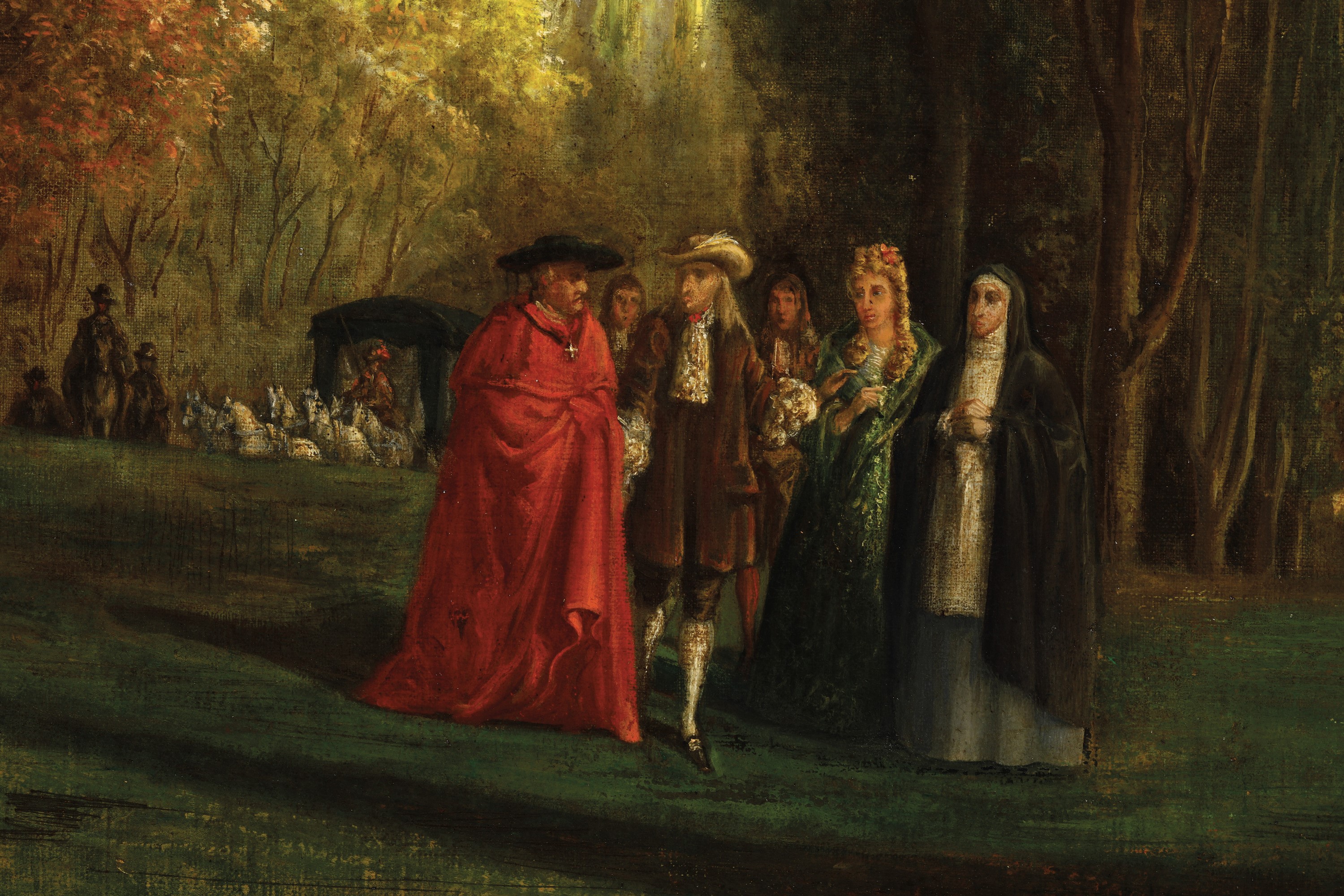 Pittore del XIX Secolo Paesaggio con Personaggi e Cardinale