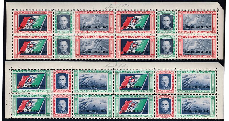 1933, Crociera aerea del Decennale, Isole Italiane dell’Egeo, “Trittici” Crociera Nord Atlantica, in blocchi di quattro superiori (S. 28/29),  - Asta Storia Postale e Filatelia - Cambi Casa d'Aste