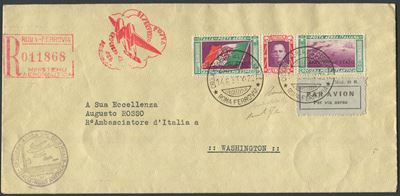 1933, Crociera Aerea del Decennale, Trittico Servizio di Stato (1) su Raccomandata da Roma a Wash...