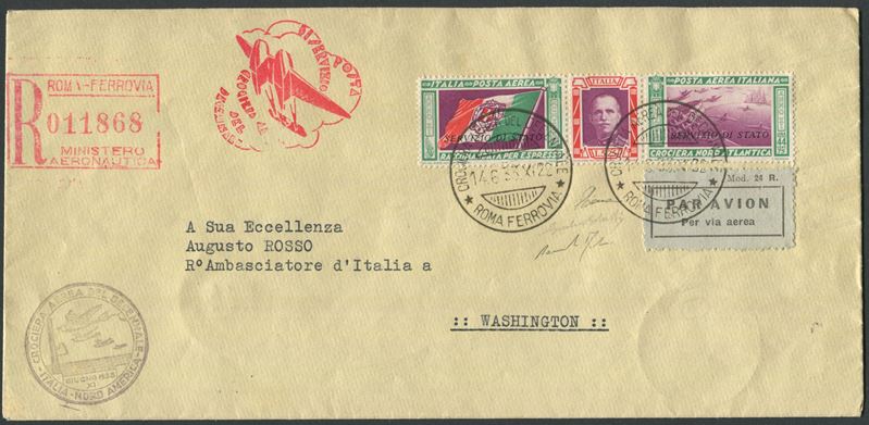 1933, Crociera aerea del Decennale, Trittico Servizio di Stato (1) su Raccomandata da Roma a Washington  - Asta Storia Postale e Filatelia - Cambi Casa d'Aste