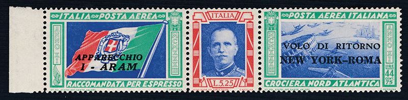 1933, Crociera Nord Atlantica, trittico con soprastampa “Volo di ritorno I ARAM- - New York - Roma” (53)  - Auction Postal History and Philately - Cambi Casa d'Aste
