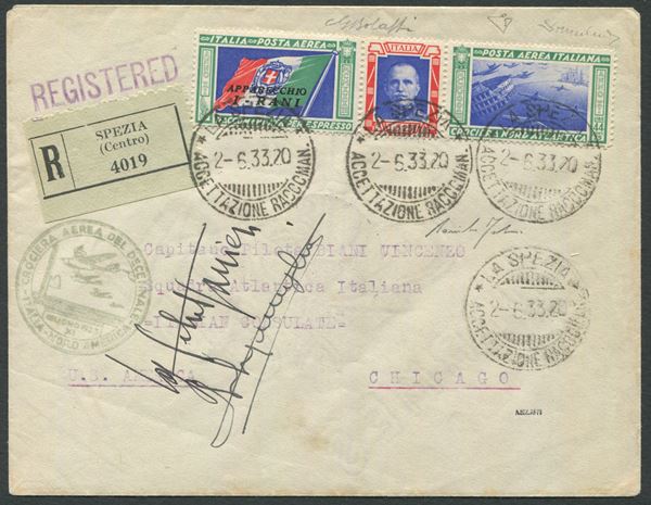 1933, Crociera Aerea del Decennale, Aerogramma da La Spezia per Chicago affrancato con “trittico” “I-RANI” (Longhi 2859)