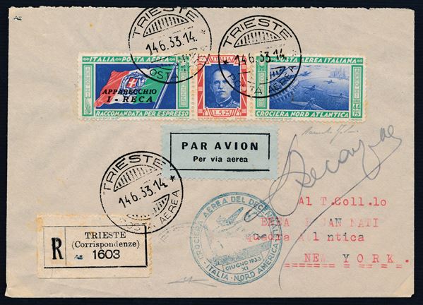 1933, Crociera Nord Atlantica del Decennale, Aerogramma da Trieste per New York affrancato con trittico “I-RECA” (Longhi 2860)