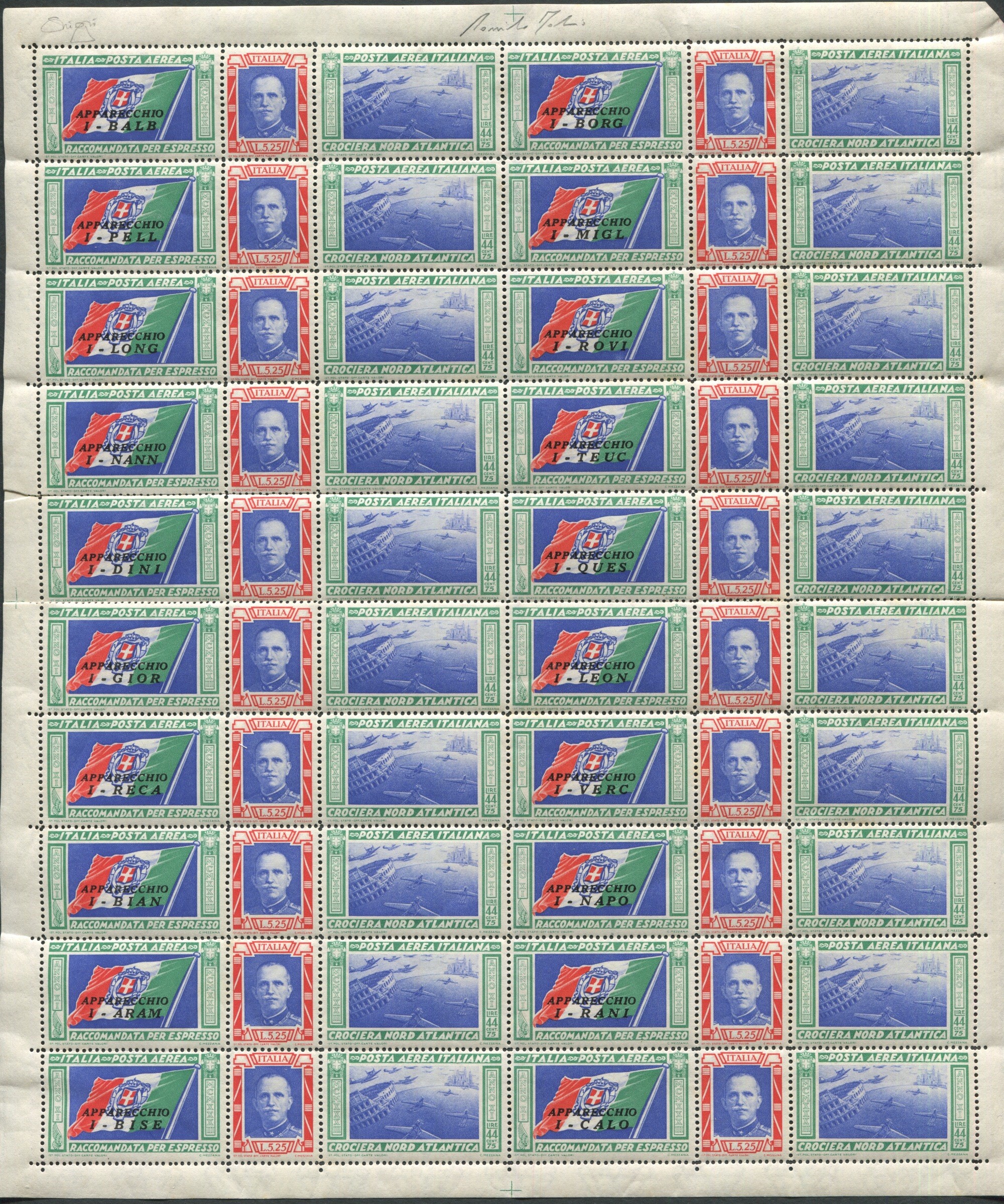 1933, Crociera Aerea del Decennale, le 20 Coppie di Trittici in 2 Fogli Completi. il Foglio da 5,...