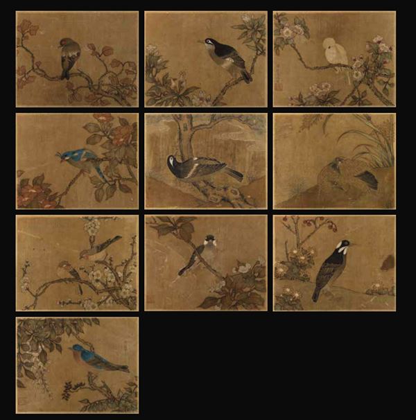 Album con inscrizione "Jiang Tingxi - Il libro a colori di fiori ed uccelli" contenente 12 tempere su seta, Cina, riproduzioni degli inizi del XIX secolo
