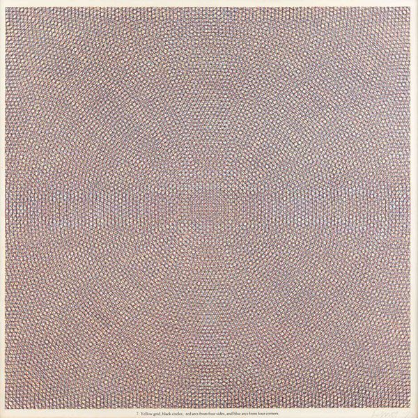 Yellow grid, black circles, blue arcs from four sides, and red arcs from four corners