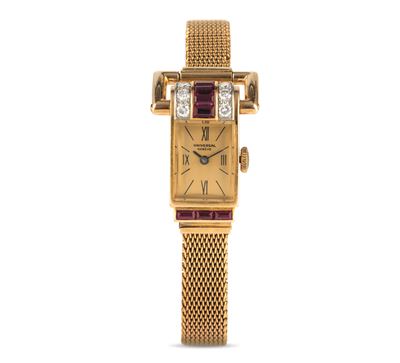 Orologio da Cocktail in Oro Giallo con Diamanti e Rubini Incastonati, Ansa Superiore Snodata, Car...
