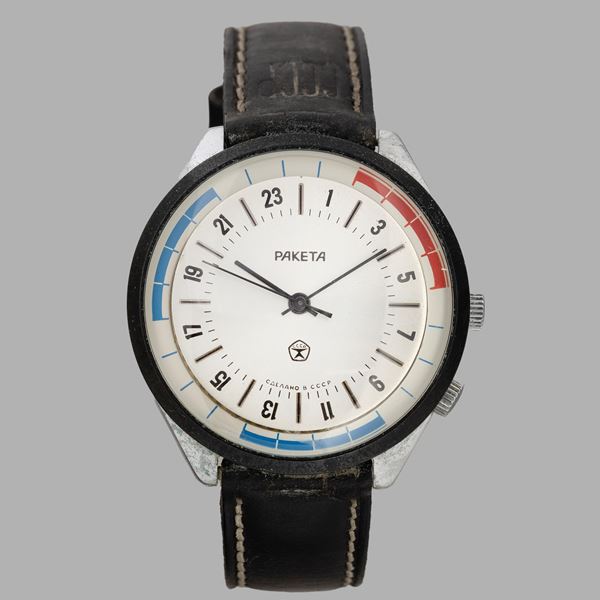 Ore del Mondo in metallo cromato, quadrante argentè soleil, carica manuale con doppia corona, in dotazione ai sommergibilisti russi con indicazione dei turni di guardia di quattro ore, 38 mm, con scatola originale