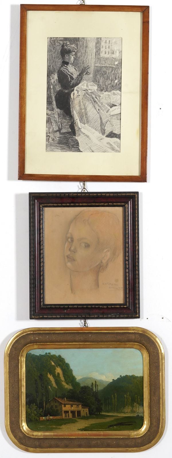 lotto di un dipinto “Paesaggio con casa”; Disegno “Testa di donna”; Disegno “Donna che cuce”