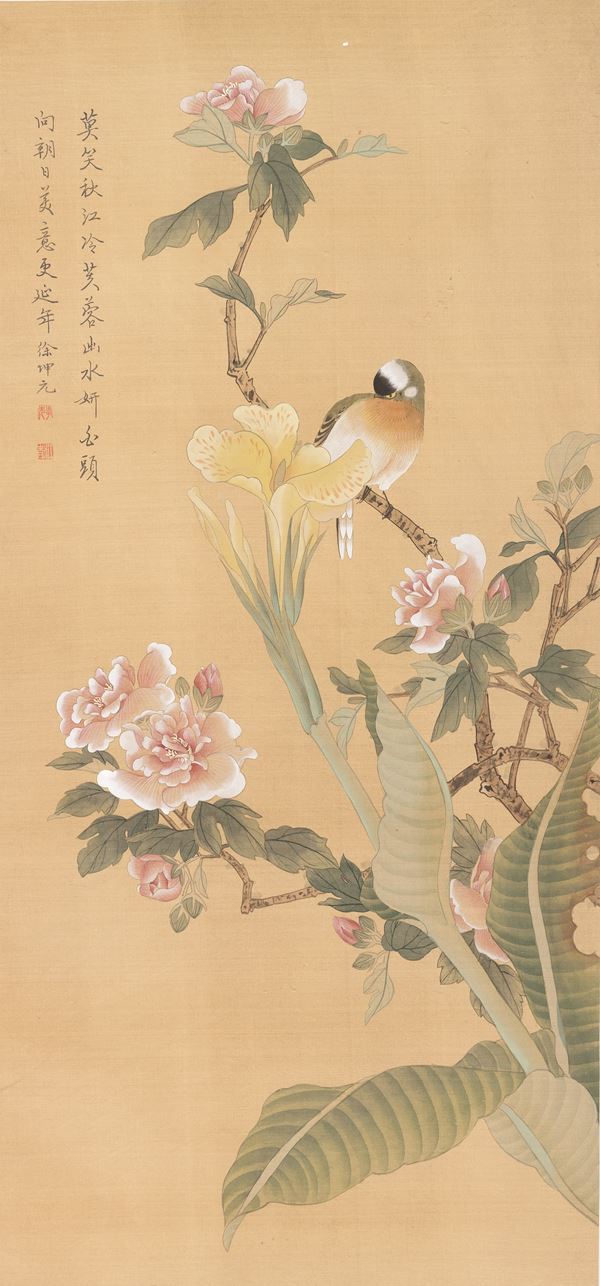 Scroll con iscrizioni, fiori e uccello su ramo con scatola, Xu Kun Yuan, Cina, XX secolo