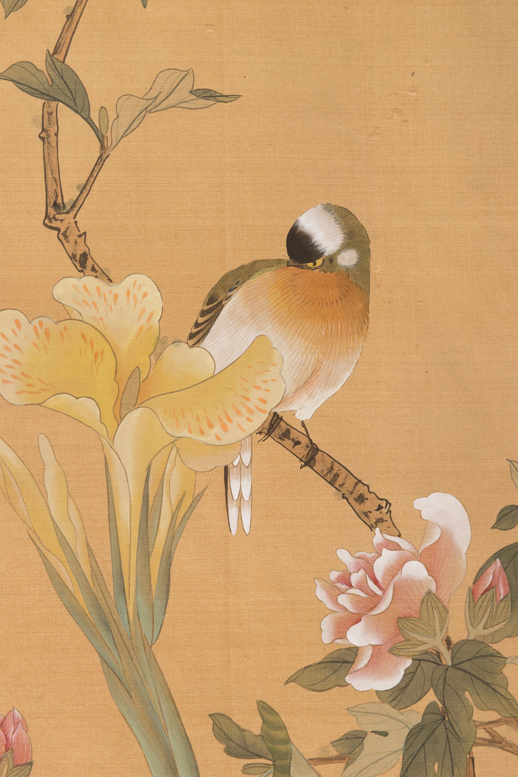 Scroll con iscrizioni, fiori e uccello su ramo con scatola, Xu Kun Yuan, Cina, XX secolo