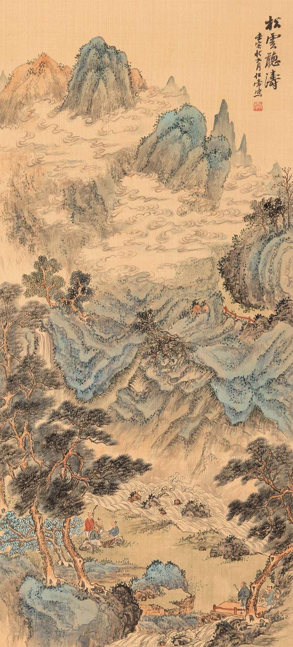 Scroll con scena di paesaggio montano con scatola titolato “Nell’autunno e nel settembre di Renyin”, Renchang, Cina, XX secolo