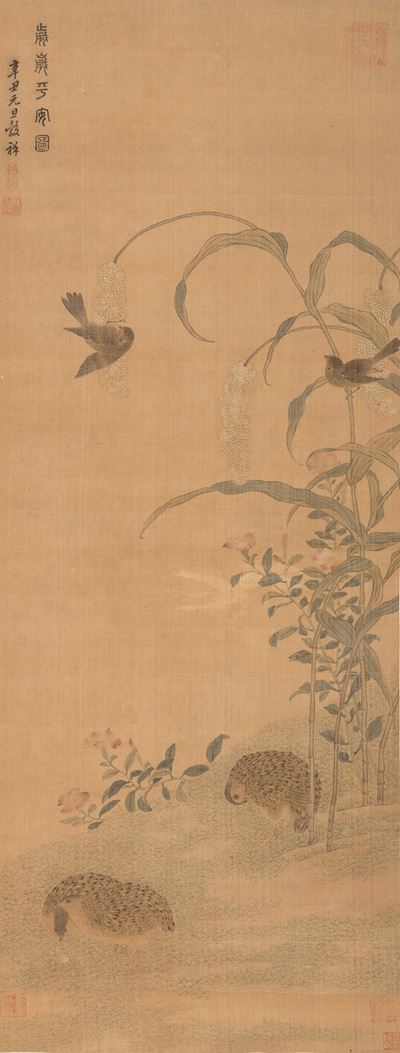 Scroll Dipinto su Carta con Quaglie e Piante di Miglio, Dinastia Tarda Qing, Anno Xinchou (1841),...