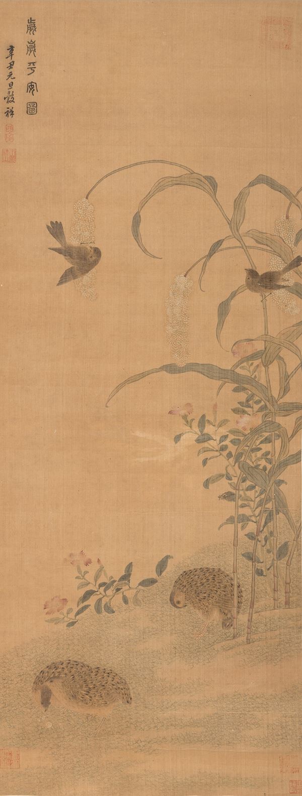 Scroll dipinto su carta con quaglie e piante di miglio, Dinastia Tarda Qing, Anno Xinchou (1841), XIX Secolo