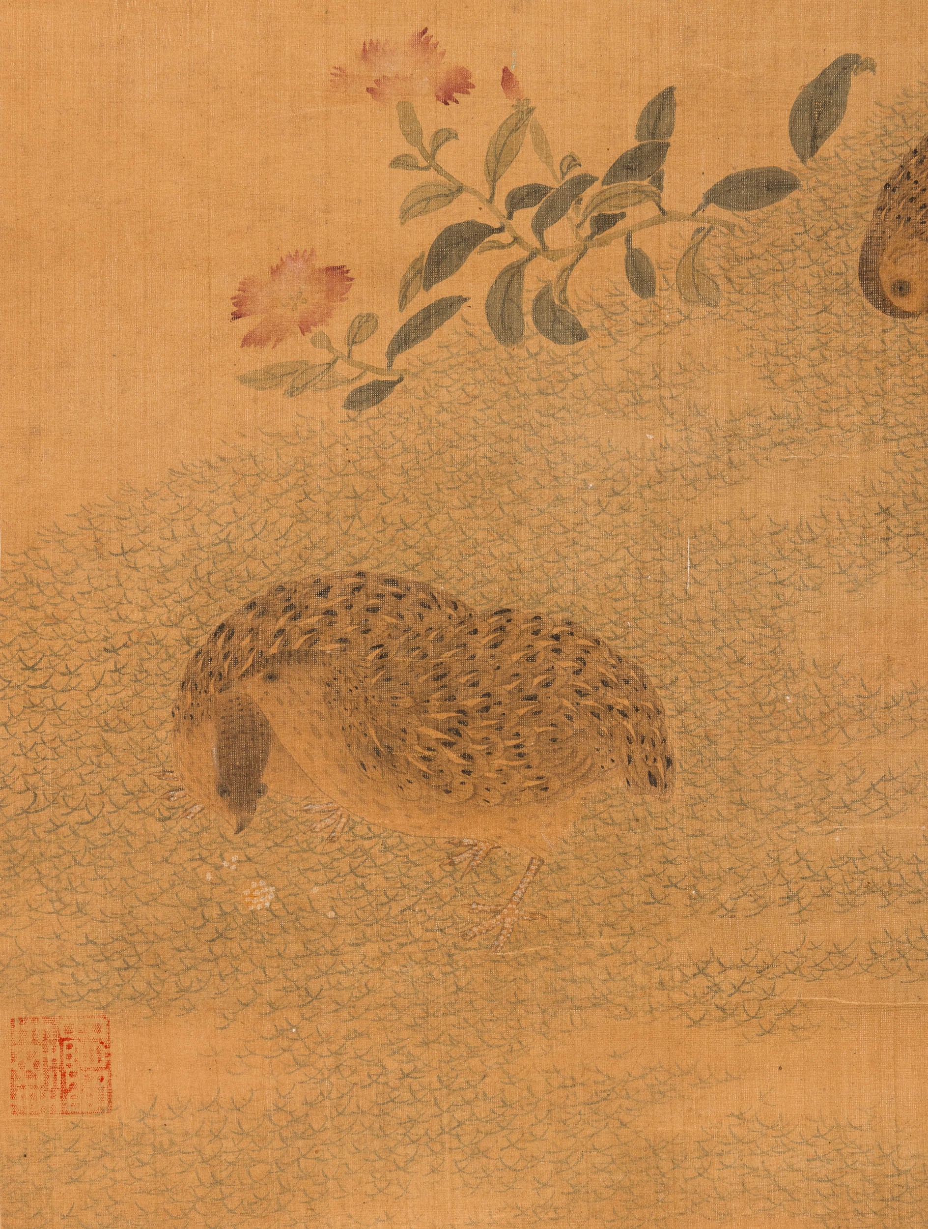 Scroll Dipinto su Carta con Quaglie e Piante di Miglio, Dinastia Tarda Qing, Anno Xinchou (1841),...