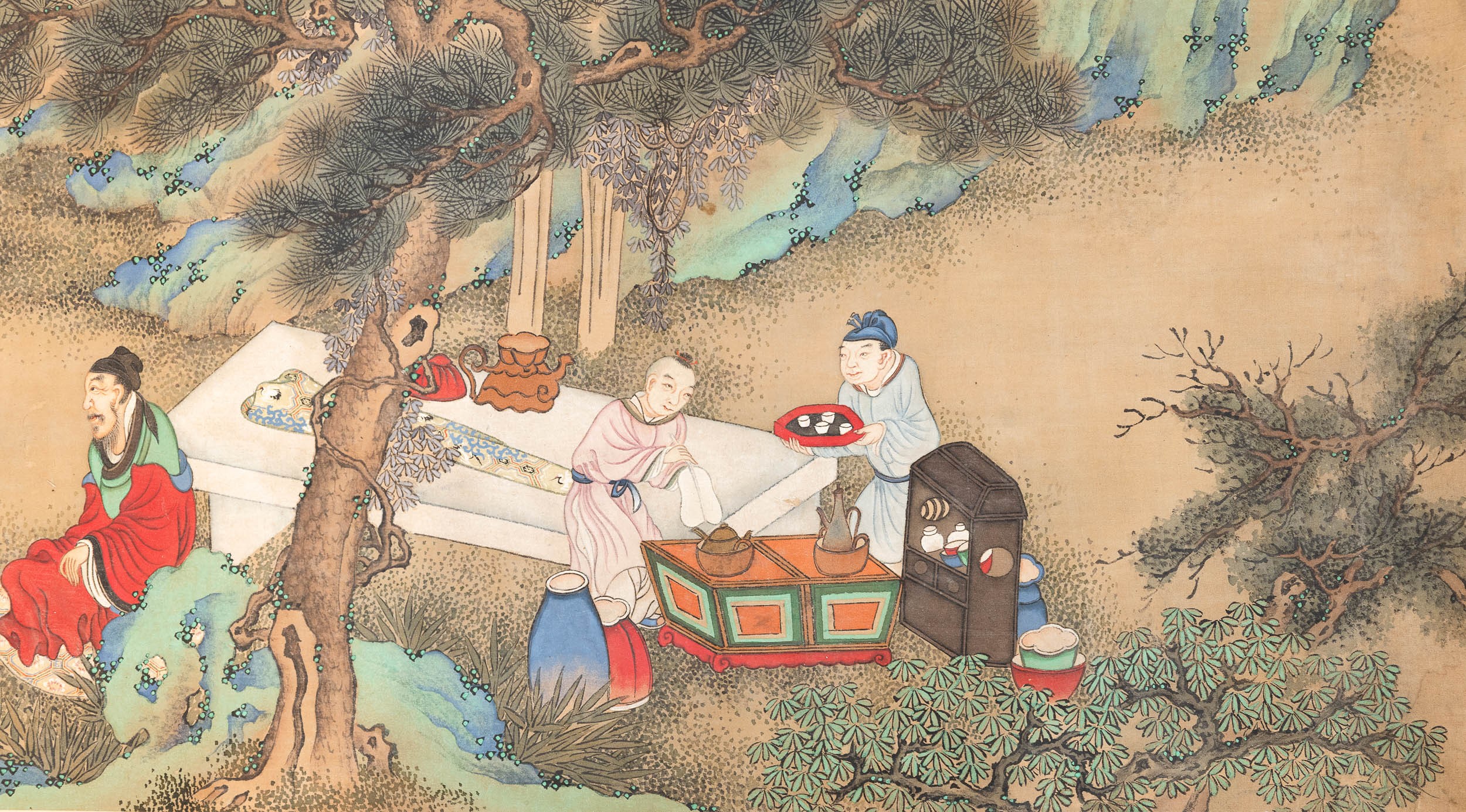 Lungo Scroll in formato orizzontale con scene di vita e iscrizione laterale, Scuola di Qiu Ying, ...