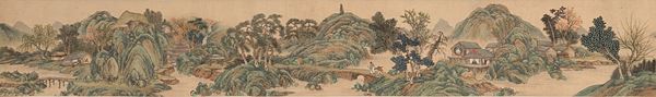 Scroll in formato orizzontale con ampia veduta di paesaggio e personaggi, Scuola di Xu Yang, Cina, XIX secolo