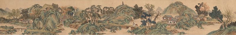 Scroll in formato orizzontale con ampia veduta di paesaggio e personaggi, Scuola di Xu Yang, Cina, XIX secolo  - Asta Fine Asian Works of Art - I - Cambi Casa d'Aste