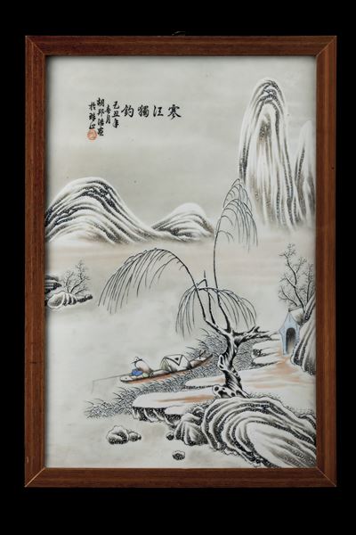 Placca in Porcellana con Paesaggio Invernale e Iscrizioni, Titolato “han Jiang Du Diao”, Dipinto ...