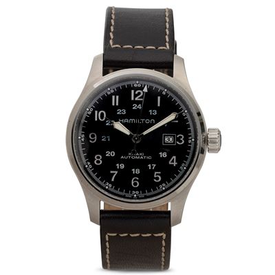 Khaki Automatic in Acciaio, Quadrante Nero Opaco con Numeri Arabi e Indicazione della Data, 44 MM