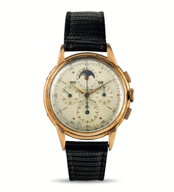 Universal Gen&#232;ve - Tricompax ref 12268 18k yellow gold retailer “Gobbi Milano” chronograph and calendar with moon phase accompanied by original and dealer guarantee