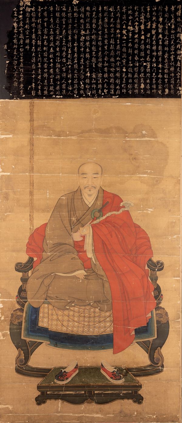 Dipinto su carta raffigurante Monaco Buddhista Zongyi dell'anno dodicesimo di Yongzheng con iscrizioni, Cina, Dinastia Qing, XVIII secolo
