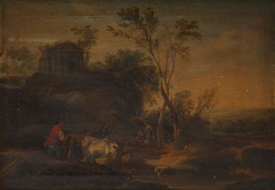 Scuola del XVIII secolo, Paesaggio fluviale con contadini e pescatori, olio su tela