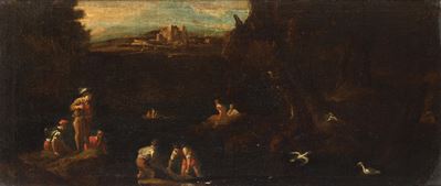 Scuola del XVIII secolo, Paesaggio con pescatori e contadini, olio su tela