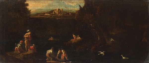 Scuola del XVIII secolo Paesaggio con pescatori e contadini