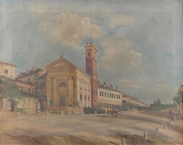 Artista del XIX secolo Paesaggio con chiesa
