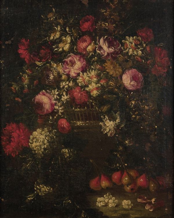 Scuola emiliana del XVIII secolo Natura morta con vaso di fiori e pere